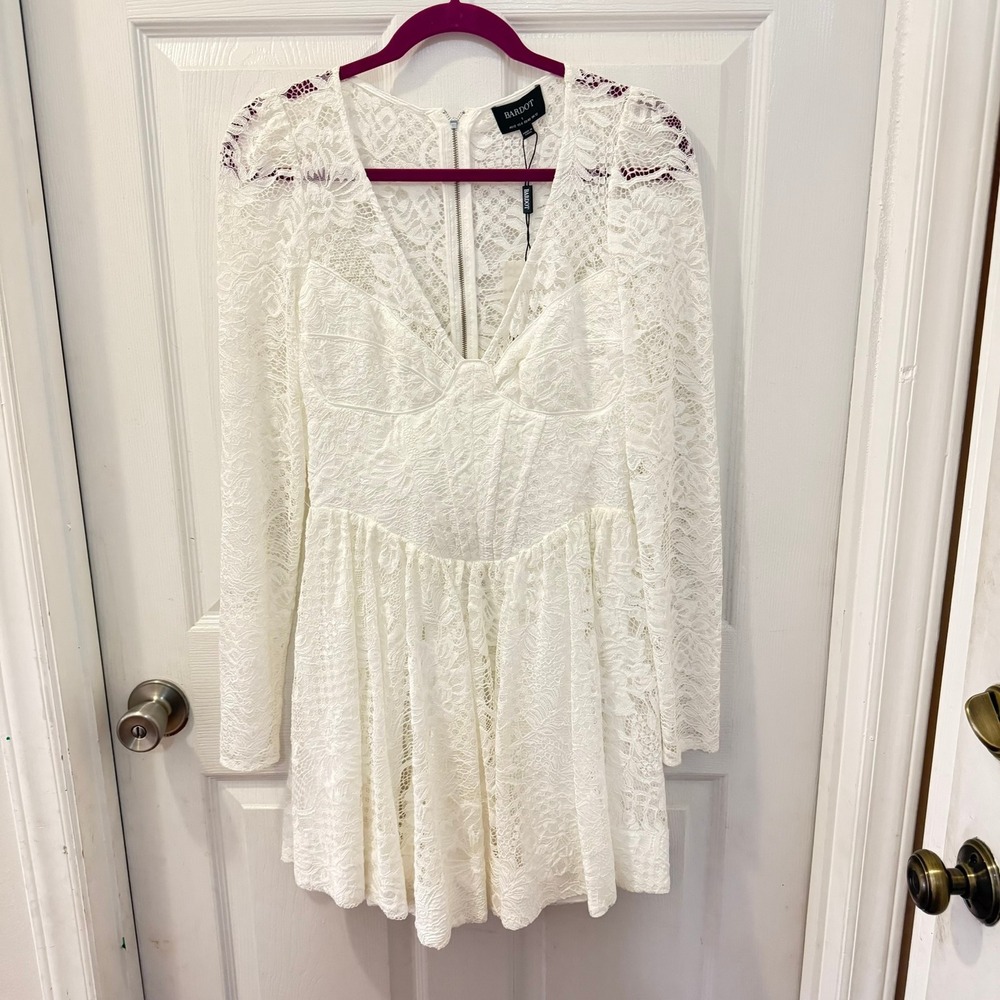 NWT Bardot Women's Size L Ellie Lace Long Sleeve V Neck Corset White Mini Dress